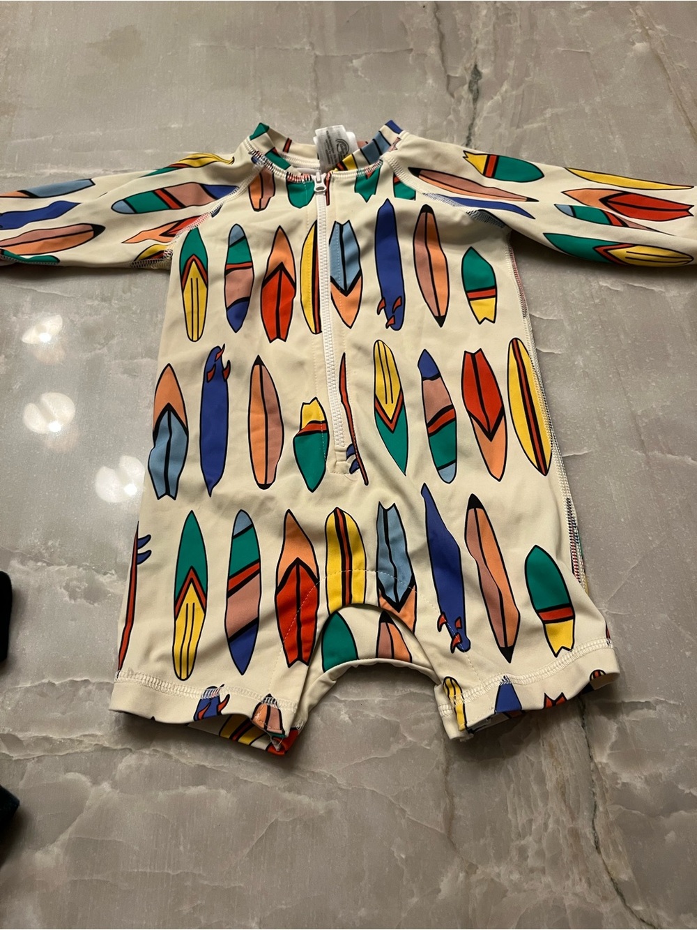 Hanna Andersson Cream One-Piece Swimsuit with Colorful Surfboards